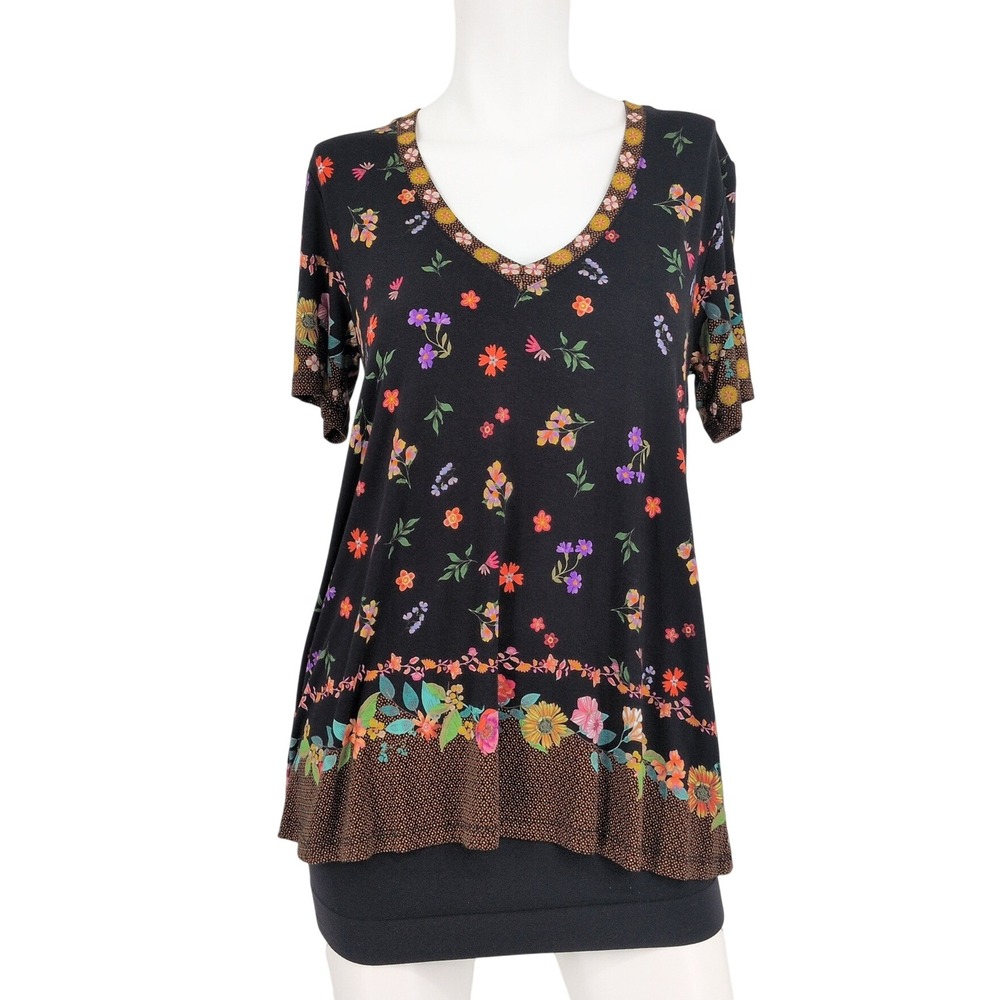 Johnny Was Bamboo Blend Floral Tunic Top Stretch Hippie Boho Cottage Artsy Small